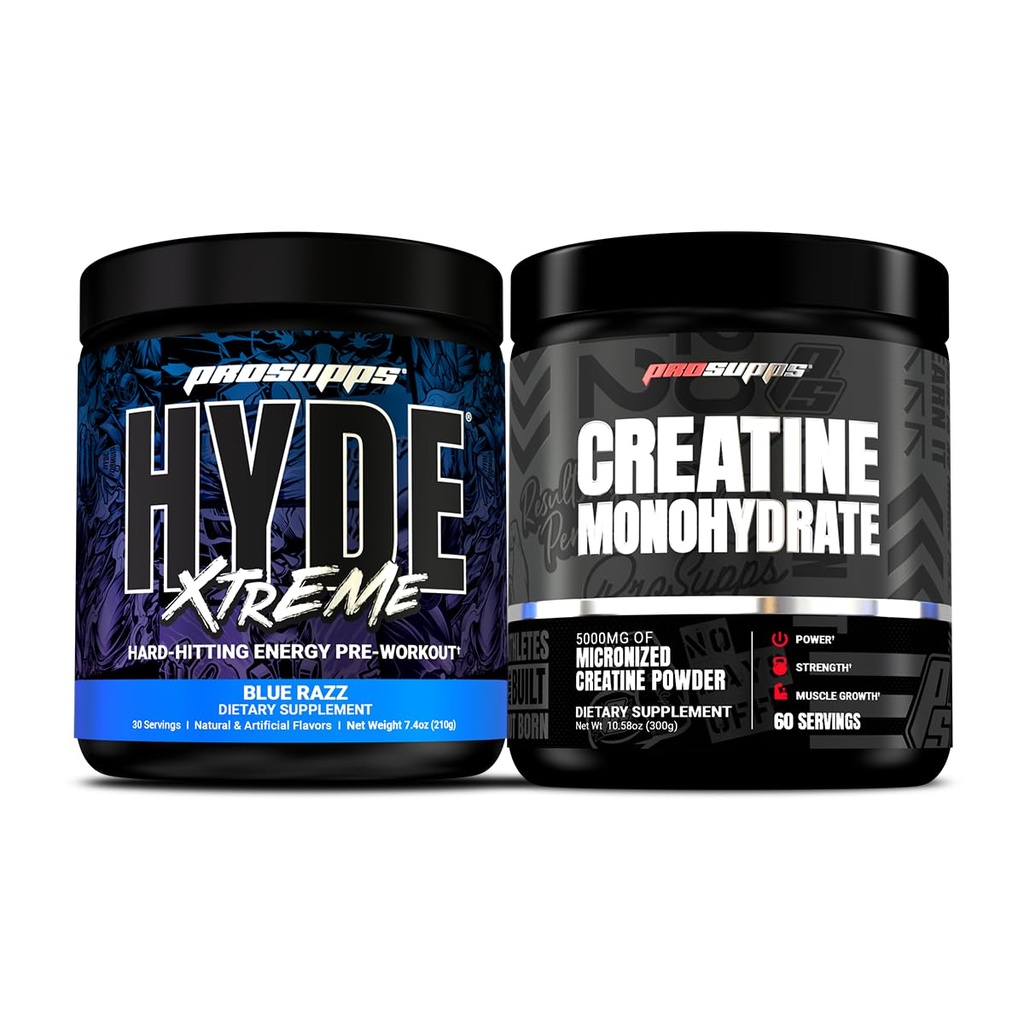 PROSUPPS Hyde Xtreme Hard-Hitting Energy PreWorkout, Blue Razz und Creatine 300 Bundle