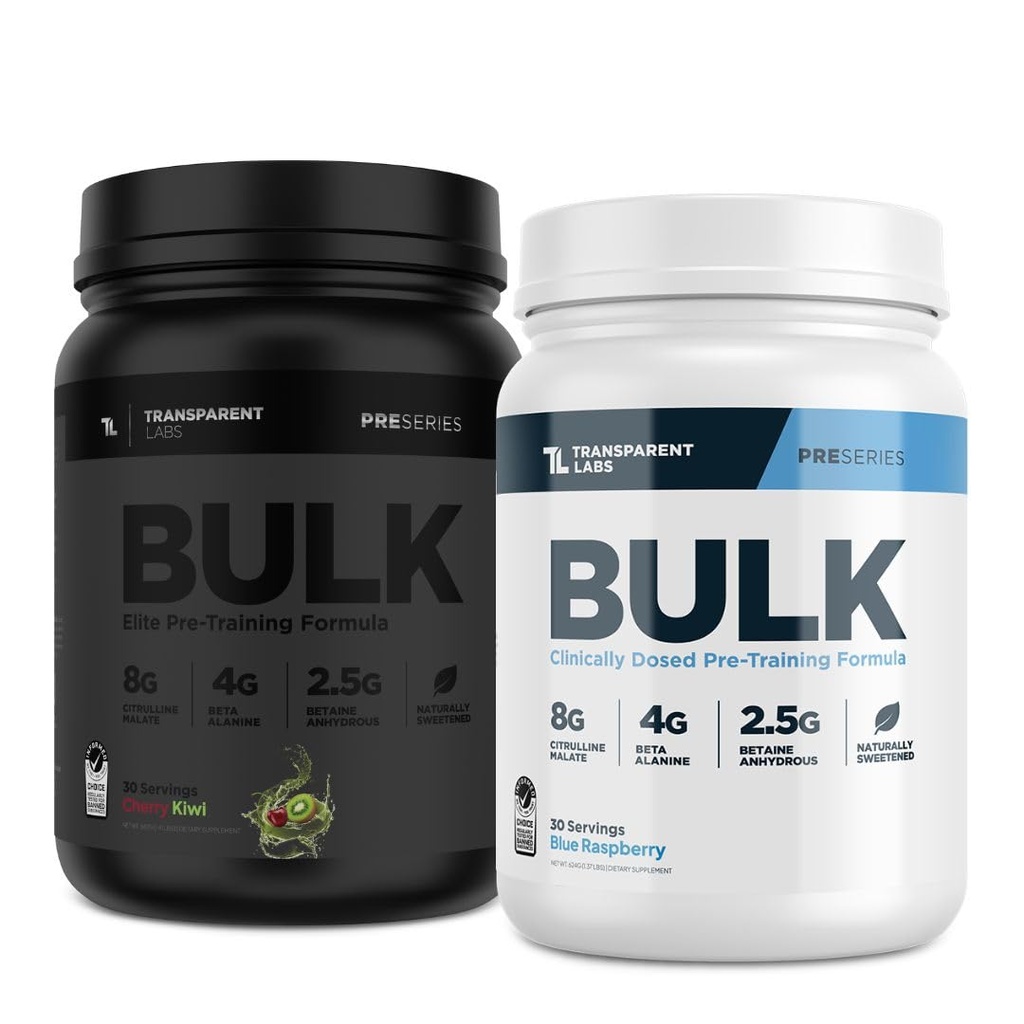 Labs trasparenti Bulk Pre Workout Polvere per la costruzione e la resistenza del muscolo - 30 Serve, Blue Raspberry & Bulk Black Pre Workout con Beta Alanine - 30 Serve, Cherry Kiwi