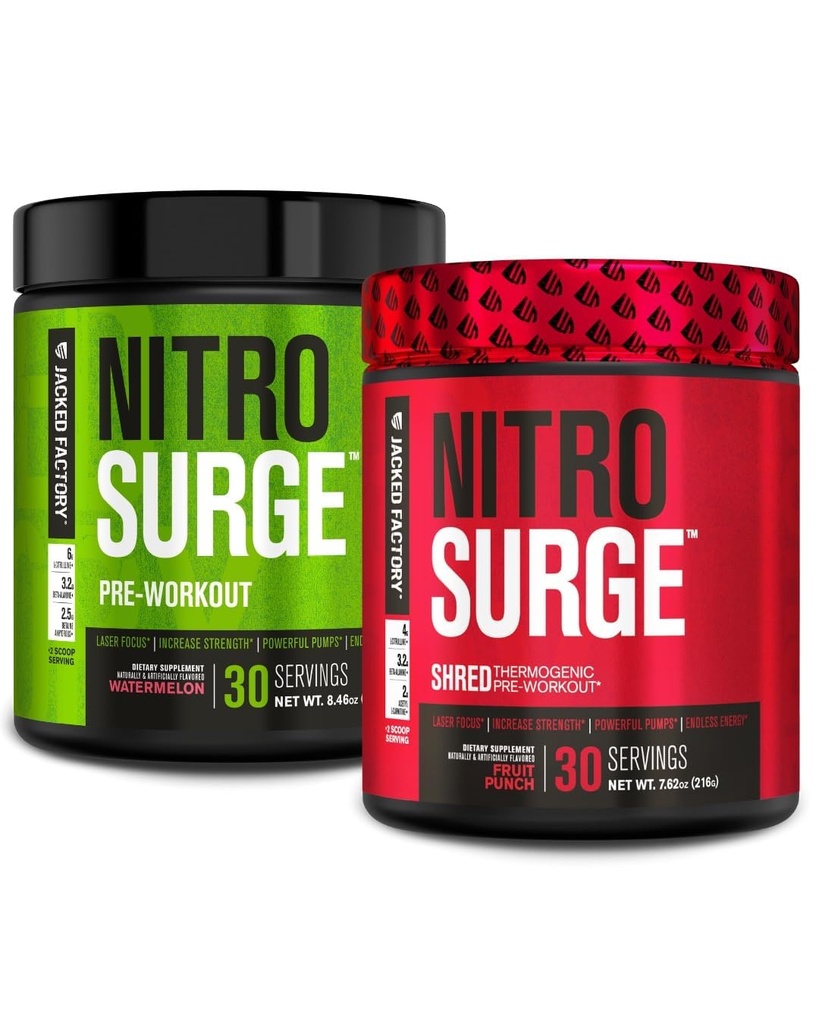 Jacked Factory Nitrosurge Pre-Workout in Watermelon & Fruit Punch Nitrosurge Shred Thermogenic Pre-allenamento per uomini e donne