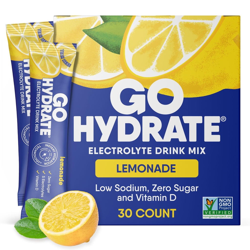 GoHydrate Low-Natrium-Elektrolyten Pulver-Packets Sugar Free - Instant Hydration Daily Drink Mix - Zero Sugar Water Flavor Packet Singles mit Vitamin D - (Lemonade, 30 Packs)