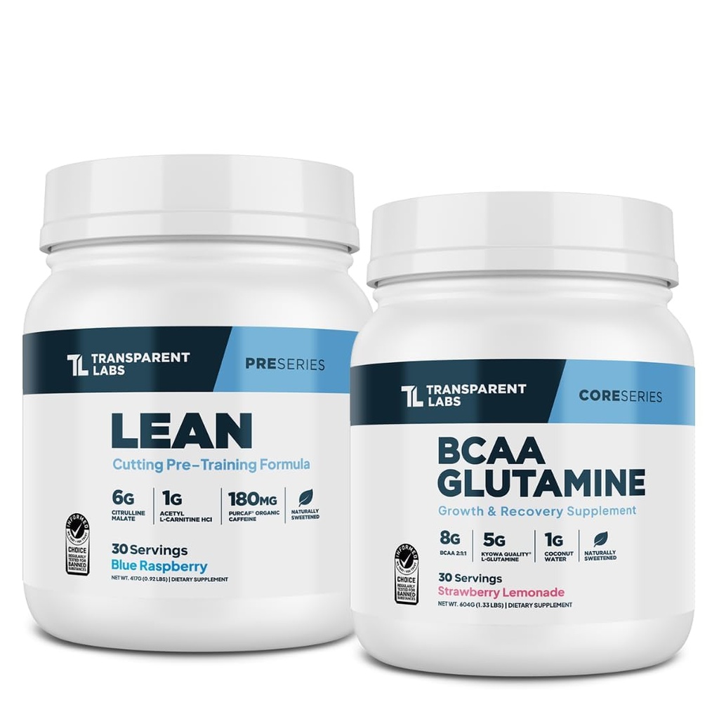 Transparente Labs Lean Pre-Workout Pulver (30 Servierungen, Blaue Himbeere) & BCAA Glutamin (30 Servierungen, Erdbeer-Lemonade)