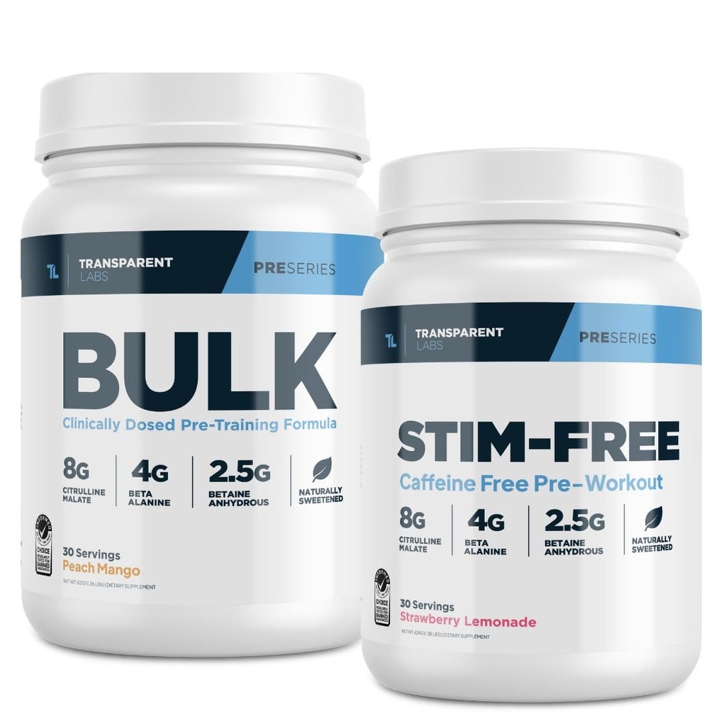 Transparent Labs Bulk Pre-Workout Pulver (30 Servierungen, Peach Mango) & Stim-Free Pre-Workout Pulver (30 Servierungen, Erdbeer-Lemonade)