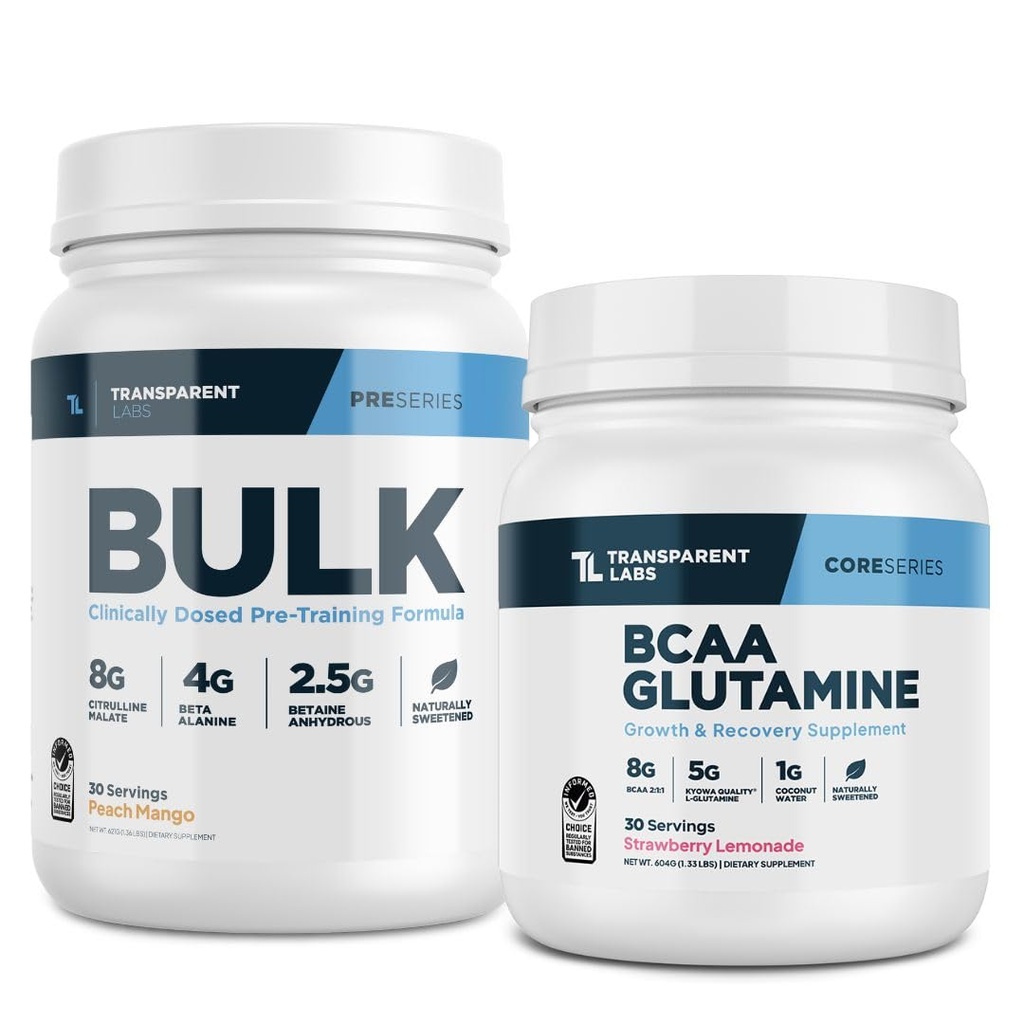 Labs trasparenti Bulk Pre-Workout (30 Serve, Peach Mango) & BCAA Glutamine (30 Serve, Strawberry Lemonade)