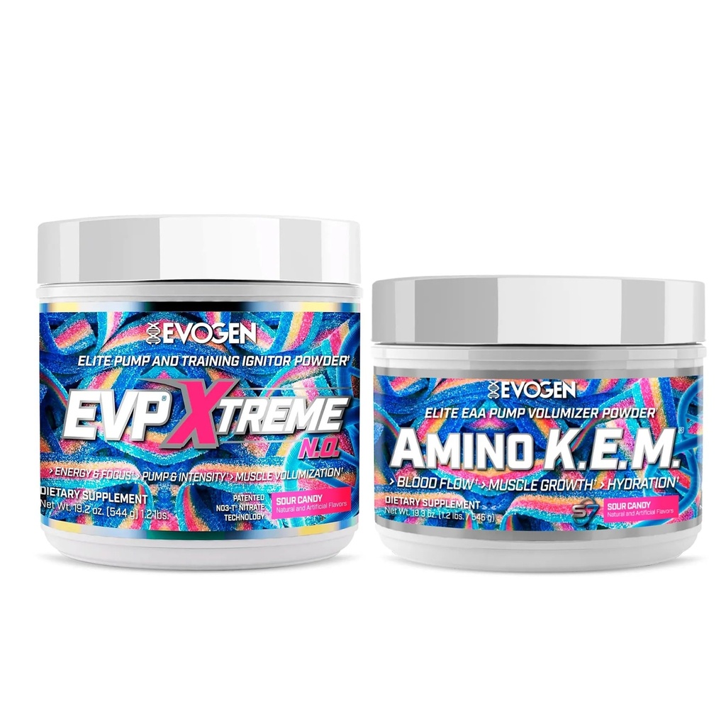 Evogen EVP Xtreme NO Amino K.E.M. Bundle – Poudre de pré-entraînement et pompe EAA/BCAA pour la croissance musculaire, l'hydratation et la performance