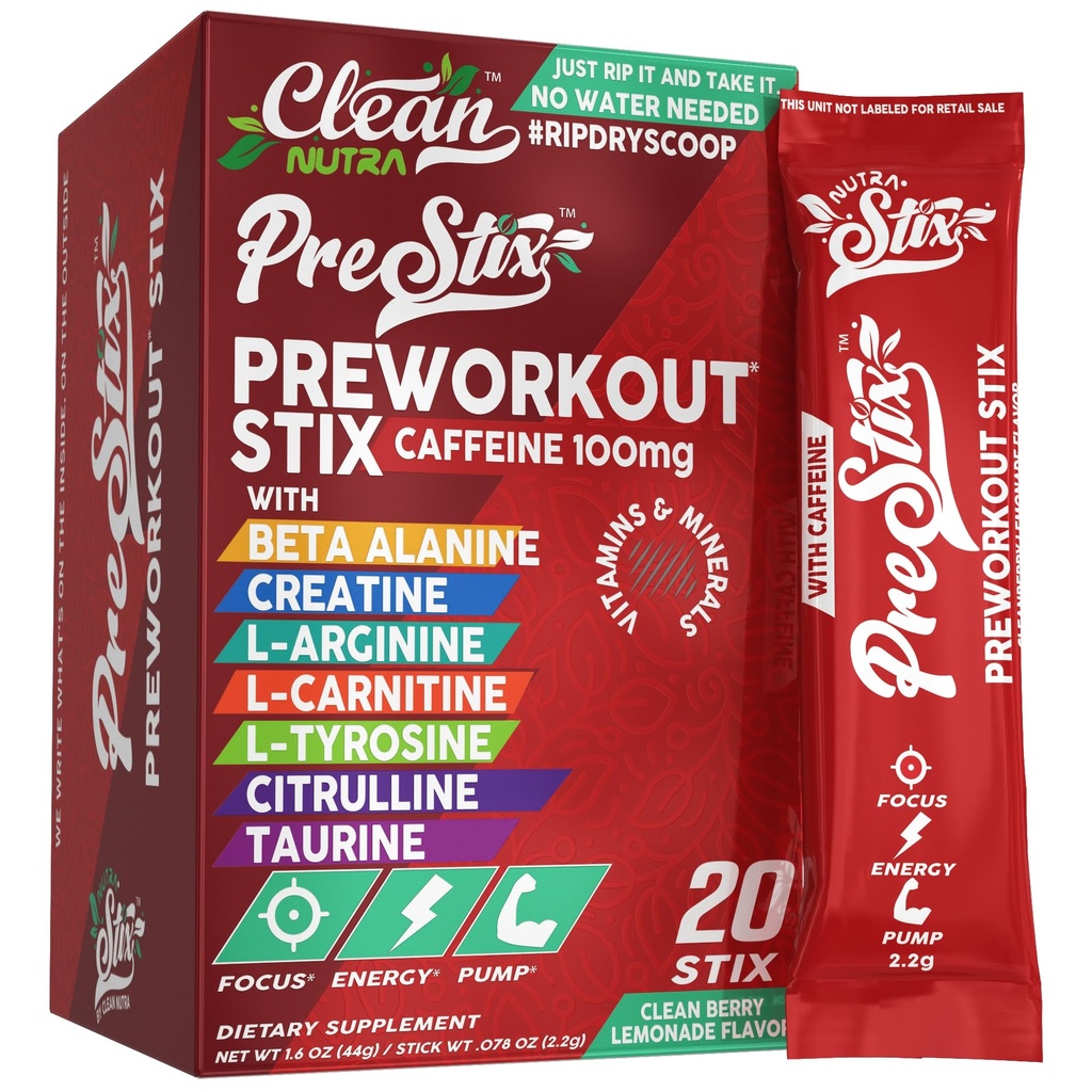 Clean Nutraceuticals Pre Workout Powder Energy Sticks - Caffeina 100mg, Energy Drink Mix, Creatina Monoidrato, Beta Alanine, L-Citrulline, L-Tyrosine, L-Carnitina, Electrolyte Hydration Packets 20 Ct