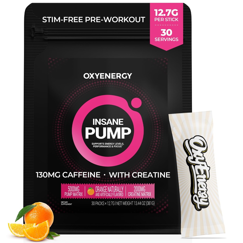 OxyEnergy Pre Workout Powder -Orange, Non Stim 130mg Bassa caffeina, On-The-Go Packets con Beta Alanine, Creatine Monohydrate & Taurine per gli utenti sensibili, donne, serate di allenamento - 30 Servings