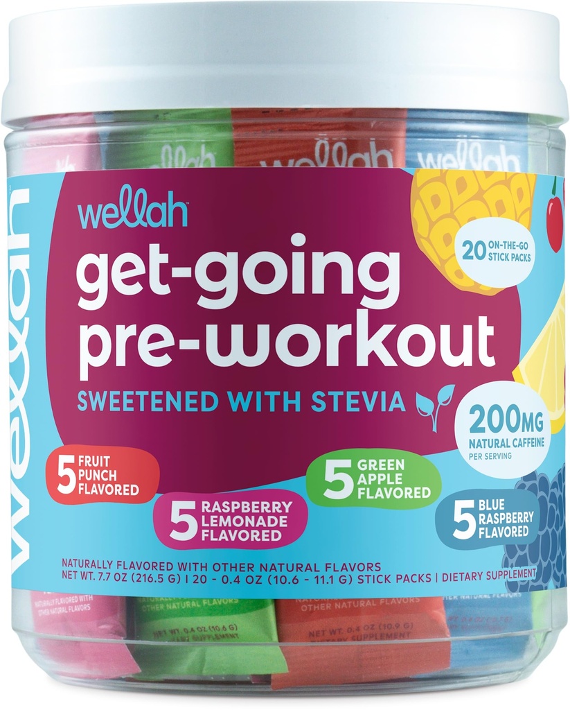 Wellah Get-Going Pre-Workout Variety Pack (20 Stick Packs) - 200mg Natürliches Koffein, Stevia-Sweetened, mit Citrulline Malate und L-Theanine, & 1000mg Beta-Alanine