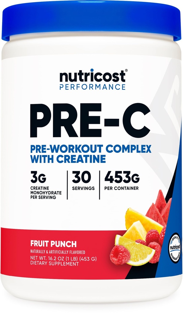 Nutricost Pre-C Pre-Workout-Komplex mit Kreatin (Fruit Punch | 30 Servierungen) Pulver - Boost Fintess Routinen, 453g