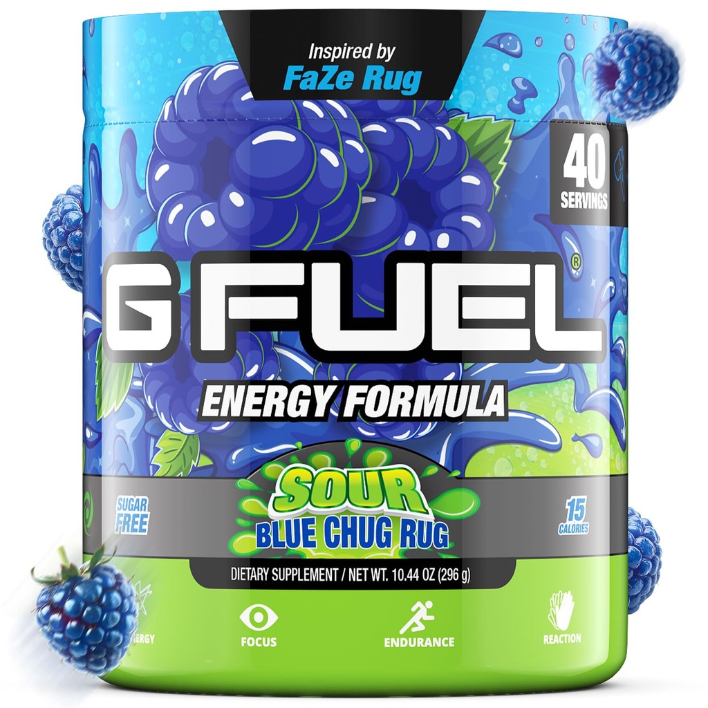 G Fuel Chug Rug Energy Drink Powder, Pre Workout Caffeine Mix für Gaming, Zucker freie Fokus Amino, Vitamin + Antioxidantien, 10.44oz (Sour Blue Raspberry, 40 Servierungen)