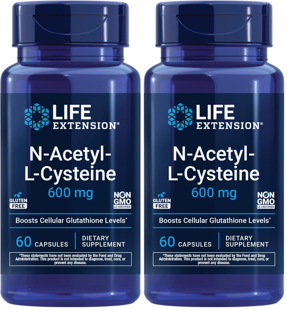 Extension de vie N-acétyl-L-Cysteine (NAC),Immune,Respiratoire,Liver Health,NAC 600 mg,Potent antioxydant Support,Radicals libres,Facile à l'absorption,60 Capsules,(Pack of 2)