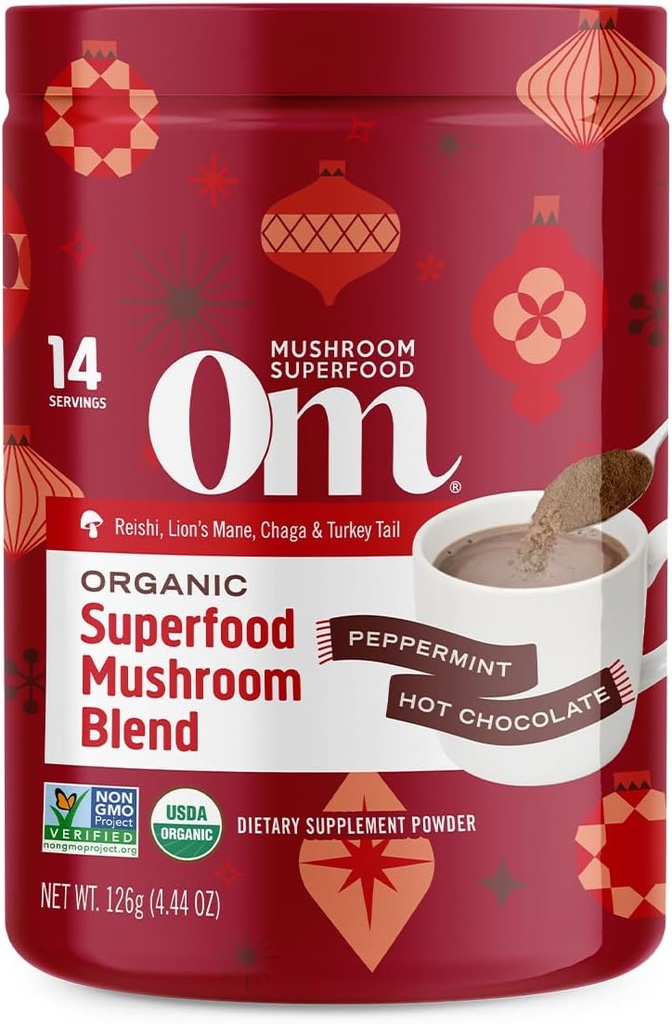 Om Mushroom Superfood Peppermint Hot Chocolate Blend – Cocoa Mushroom Powder mit Lion’s Mane, Reishi, Chaga & Turkey Tail – Immune Health, Focus & Stress Support – 4.44 oz Canister (14 Servierungen)