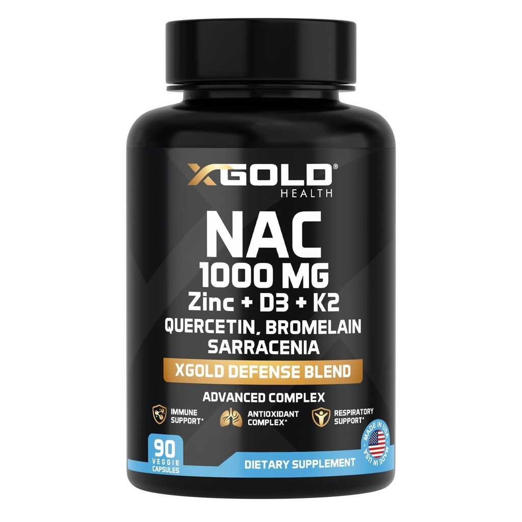 XGold Health NAC 1000 mg mit Quercetin 95%, Bromelain, Zink, Vitamin C, D3 & K2 Immununterstützung & Antioxidans Supplement Advanced Defense Blend 90 Veggie Kapseln