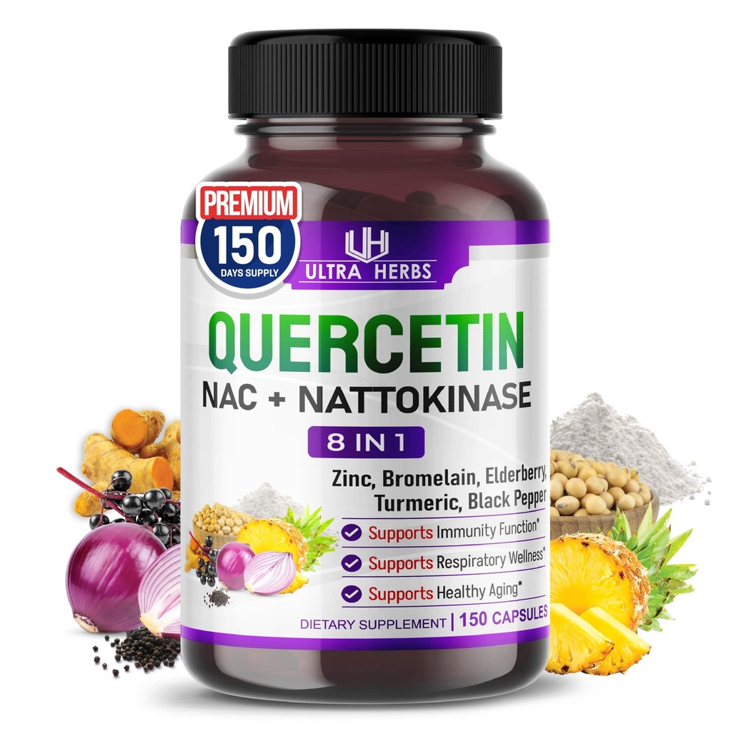 Quercetin-Ergänzung mit Bromelain, Vitamin C und Zink, Nattokinase, NAC, Elderberry, Elderberry | 8 in 1 Ultra Antioxidant Complex für Immungesundheit | 150 Kapseln