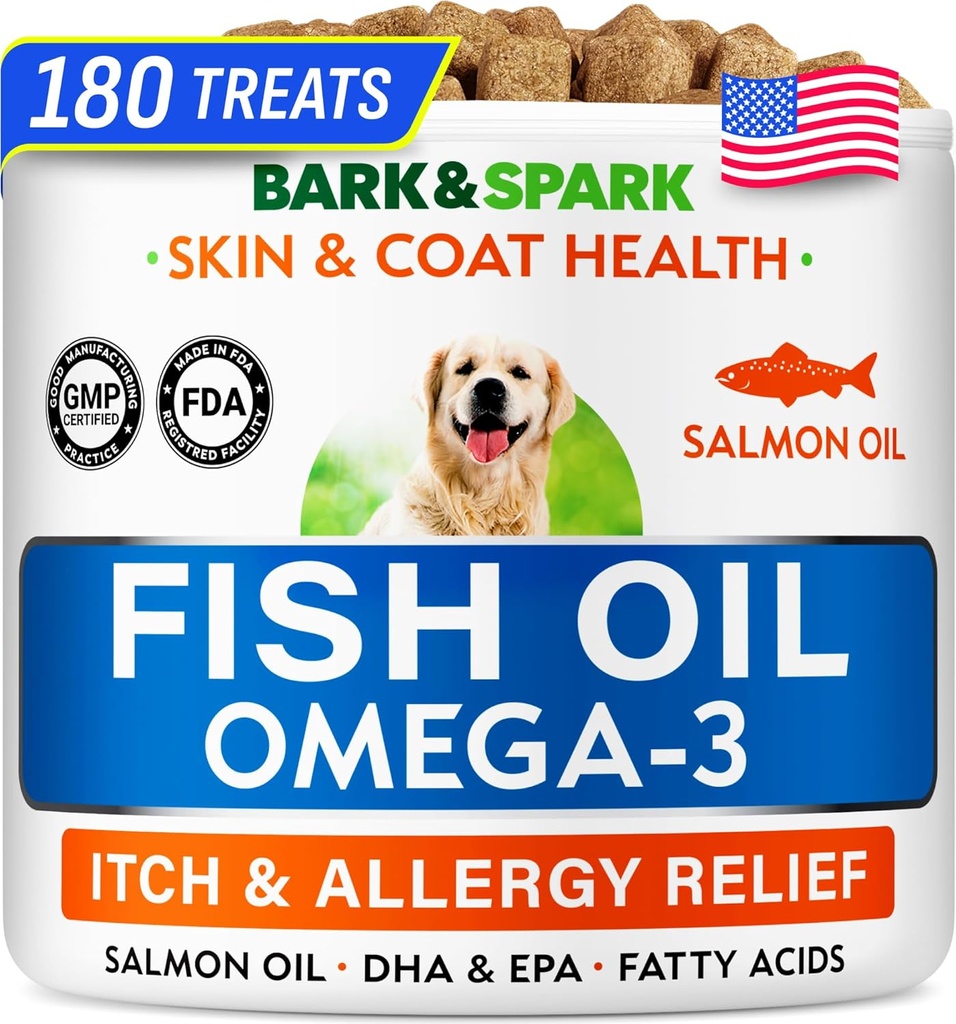BARK&SPARK Omega 3 per cani - 180 Fish Oil Treats for Dog Shedding, Skin Allergy, Itch Relief, Hot Spots Trattamento - Joint Health - Skin and Coat Supplement - EPA & DHA Fatty Acids - Canine Salmon Oil
