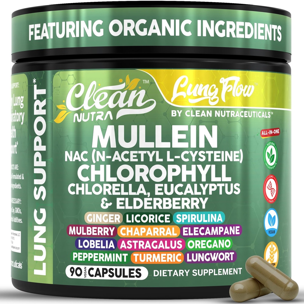 Nettoyez Nutra Mullein Leaf Extract for Lungs Nettoyez le supplément NAC Chlorophyll Chlorella Elderberry.