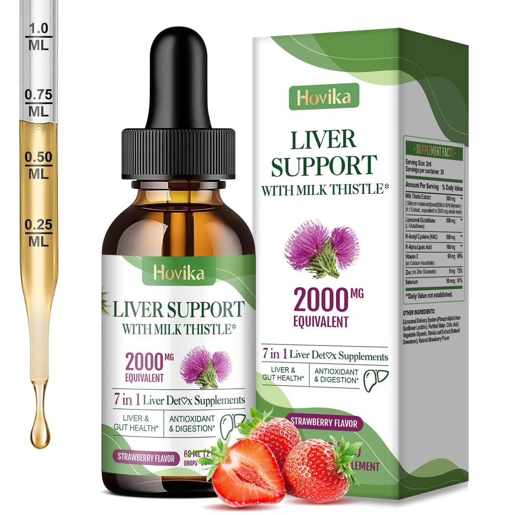 Detox e riparazione del fegato supporto al fegato Latte Thistle Drops with Glutathione, NAC, ALA, Vitamina C, Zinc & Selenium for Liver Cleanse & Defense, Immune & Skin Support - Strawberry Flavor, 2 Fl Oz