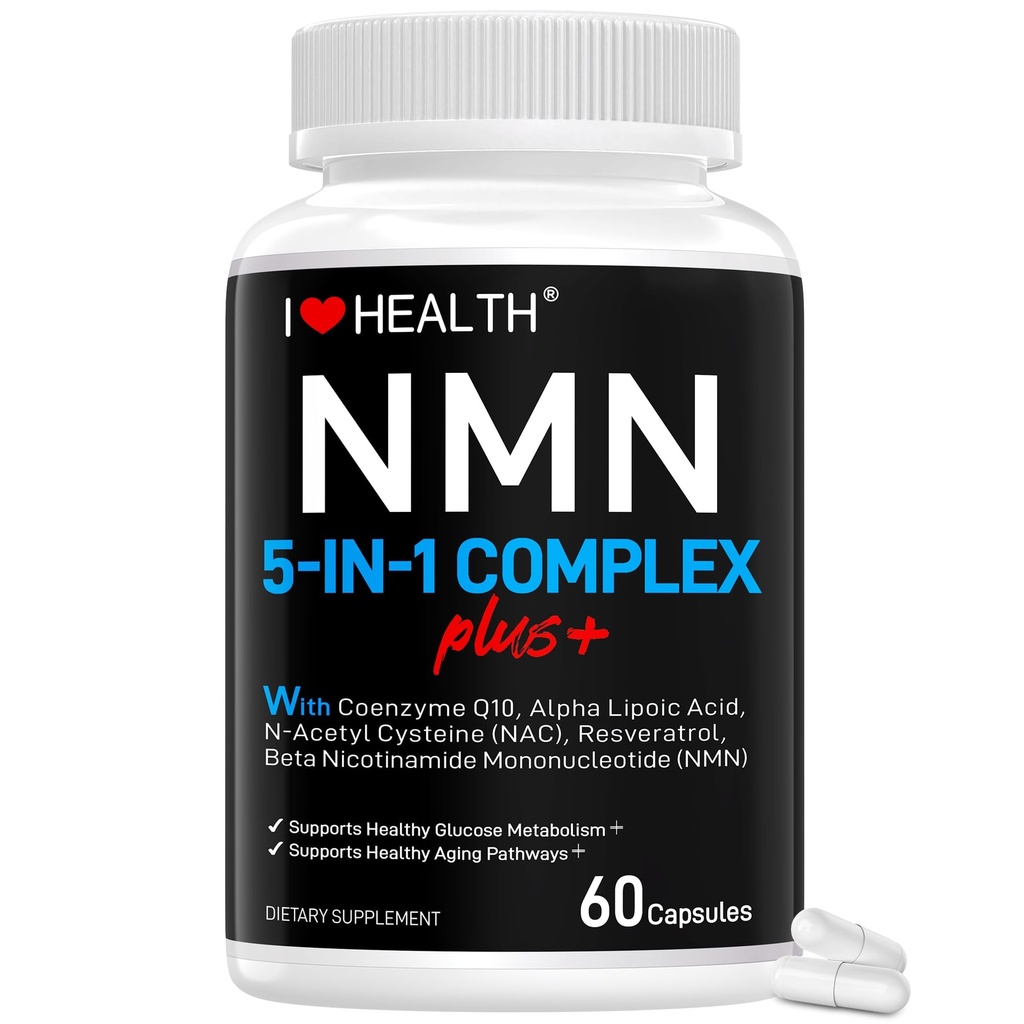 NMN Complex Plus+ pour les femmes et les hommes avec NAC, acide alpha lipoïque, CoQ10 et resvératrol – 5-en-1 Énergie cellulaire et soutien au vieillissement en santé – 60 capsules, non-OGM, fabriqués aux États-Unis