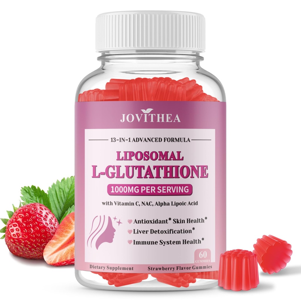 Liposomale Glutathione Gummie 1000mg, hohe Absorption Glutathion-Ergänzung mit Vitamin C, NAC, Milchdistel für Hautgesundheit, Leber Detox & Immun, Vegan, Zuckerfrei, Erdbeer-Flaschen, 60 Graf