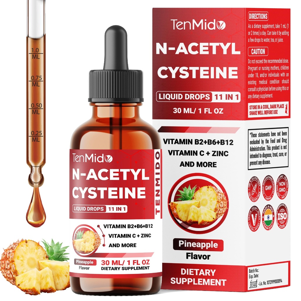 11in1 Nac Supplement N-Acetyl Cystein Flüssigkeitstropfen mit Quercetin, B-Komplex, Selen, Glutathion, Bromelain, Milchdistel und mehr - 30ml 1 Fl Oz
