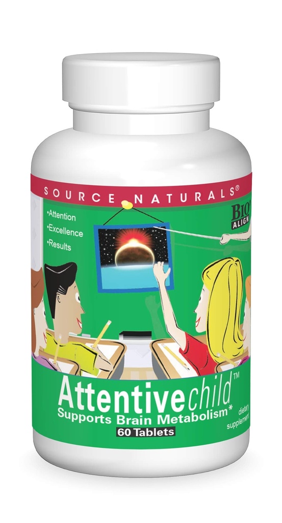 Fonte Naturals Attentive Child - Nutrienti cognitivi sani per i bambini attivi - Migliorata messa a fuoco e attenzione con DMAE, Magnesio, Zinc & Grape Seed Extract - 60 compresse