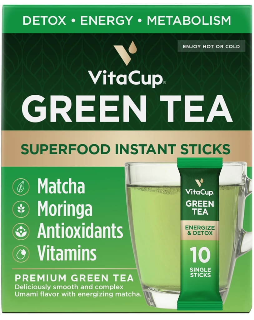 VitaCup Green Tea Instant Packets, Aumentare l'energia & Detox con Matcha, Moringa, B Vitamine, D3, Fibra, Keto, Paleo, Vegan in Tea Powder Single Serving Sticks, 10 Ct