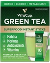 VitaCup Green Tea Instant Packets, Aumentare l'energia & Detox con Matcha, Moringa, B Vitamine, D3, Fibra, Keto, Paleo, Vegan in Tea Powder Single Serving Sticks, 10 Ct
