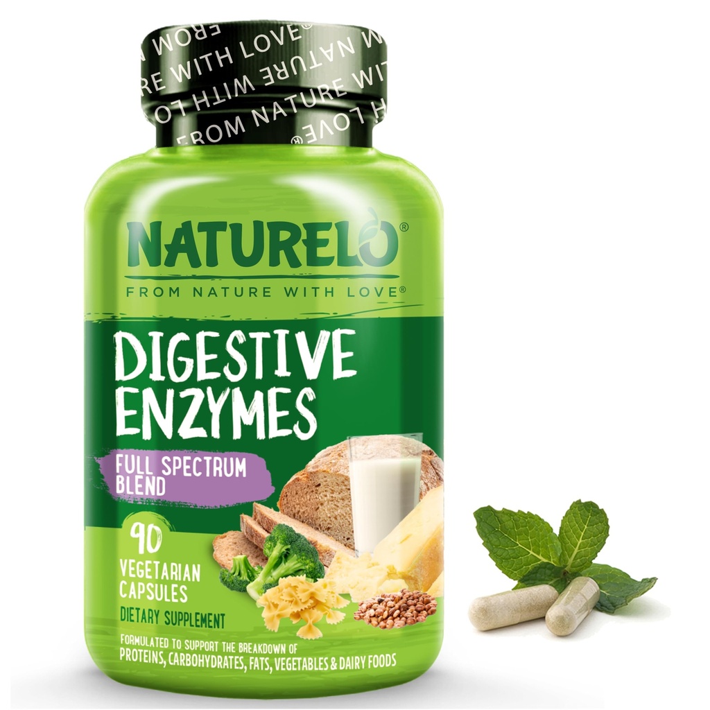 NATURELO Verdauungsenzyme - Vollspektrum-Unterstützung mit einer breiten Mischung aus 15 Enzymen Plus Ginger - 90 Vegan Kapseln