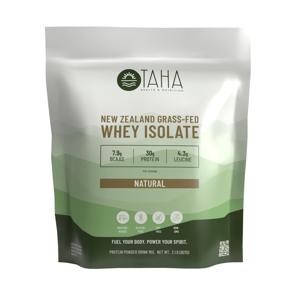 Taha Santé et nutrition Isolation naturelle non aromatisée des protéines de lactosérum, 30g Protéines, 7,9g BCAAs, 4,3g Leucine, Nouvelle-Zélande Herb-Fed, Free-Range Dairy.