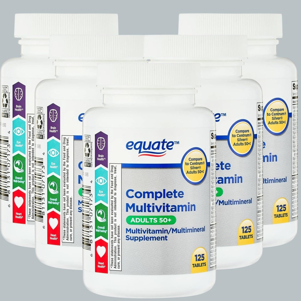 Equate Adult 50+ One Daily Complete Multivitamin Multimineral Supplement Tablets, Healthy Brain* - Confronta Centrum Silver, 125 Pills (Pack of 1)
