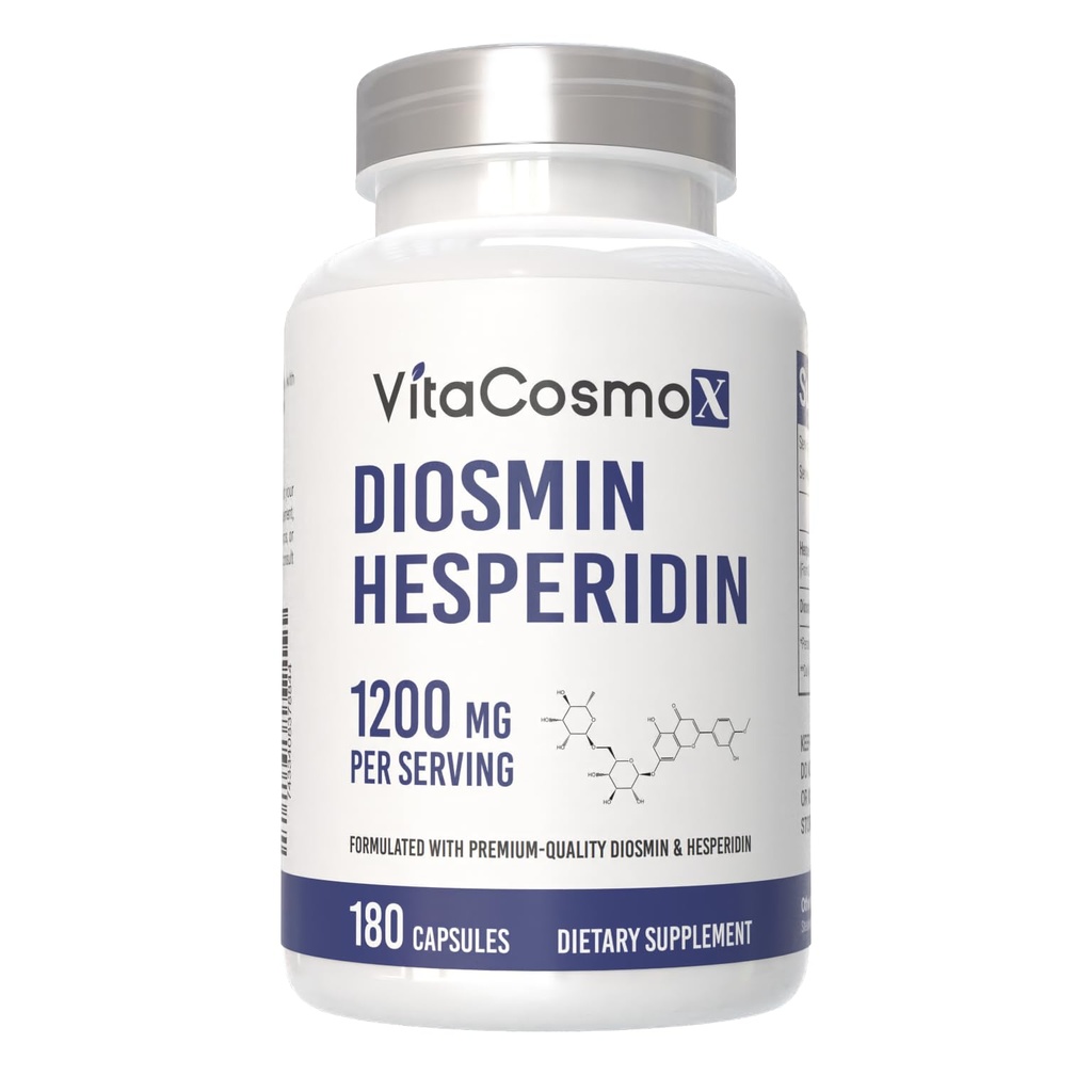 Diosmin Hespéridin 1200 mg Complexe, 180 Capsules, Citrus Bioflavonoïdes Extrait de fruits riches, 100% végétarien, Sans OGM et sans gluten Supplément Diosmin avec la force maximale