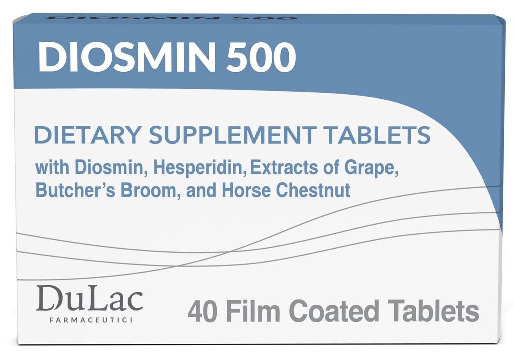 Dulac Diosmin 500, Micronized Diosmin Hesperidin Integratore alimentare 1000mg per porzione, Estratto di castagne di cavallo, Estratto di ginestra di macellaio & estratto di uva rossa, Supporto per Circolazione delle gambe, 40 compresse, Made in Italy