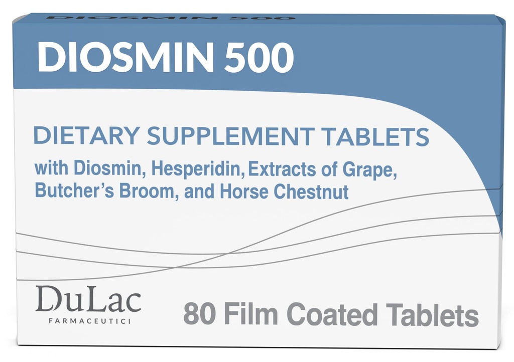 Dulac Diosmin 500, Micronized Diosmin Hesperidin Integratore alimentare 1000mg per porzione, Estratto di castagne di cavallo, Estratto di ginestra di macellaio & estratto di uva rossa, Supporto per Circolazione delle gambe, 80 compresse, Made in Italy