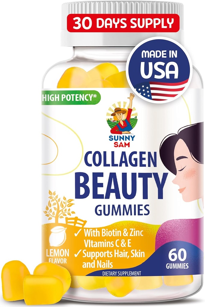 SUNNY SAM Biotin Collagen Gummies per le donne e le ragazze - Basso zucchero 60 Chewable Beauty Collagen Gummies per capelli migliorati pelle e unghie - Biotina, Vitamina A, Zinc Supplement - Natural Lemon Flavor