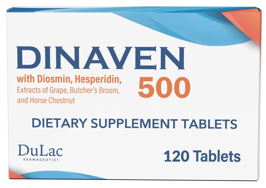 Dulac Dinaven 500, Micronized Diosmin Hesperidin Nahrungsergänzung 1000mg pro Portion, Pferde-Kastanien-Extrakt, Fleischer Broom & Red Grape-Extrakt, Beinzirkulation Unterstützung, 120 Tabletten, Made in Italy