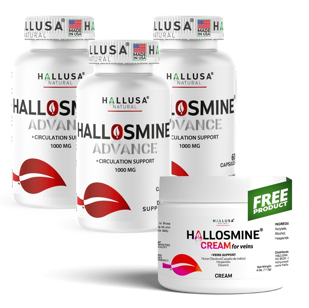 Hallusa Natural Hallosmine Advance 1000mg Diosmin, 180 Capsules + Crème de jambe libre avec Diosmin, Hesperidin et Châtaigne de cheval, 4 oz.