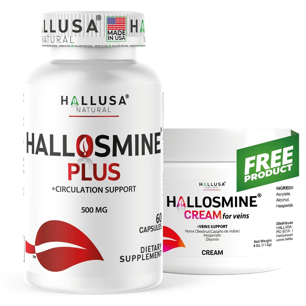 Hallusa Natural Hallosmine Plus 500mg Diosmin, 60 Capsule + Crema Gamba Gratuita con Diosmin, Hesperidin & Horse Chestnut, 4 oz | Sangue Circulation & Vein Support Supplement, OGM Free, Gluten Free