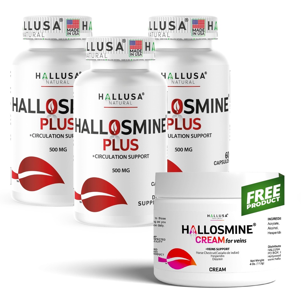 Hallusa Natural Hallosmine Plus 500mg Diosmin, 180 Capsule + Crema Gamba Gratuita con Diosmin, Hesperidin & Horse Chestnut, 4 oz | Sangue Circulation & Vein Support Supplement, OGM Free, Gluten Free
