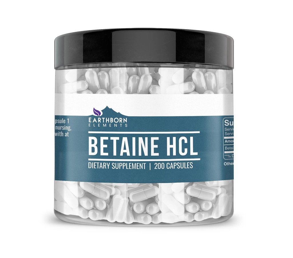 Elementi terrestri Betaine HCL, 200 capsule, test di laboratorio, nessun filler o additivi
