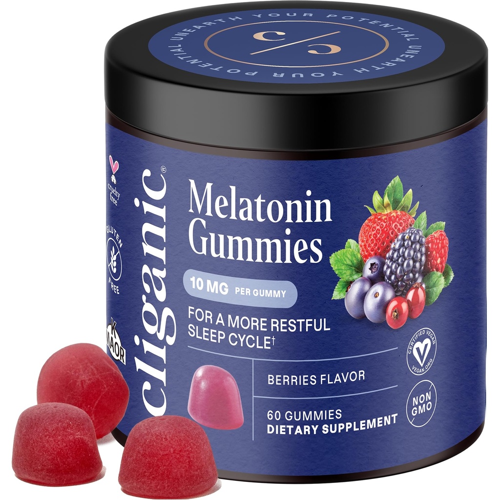 Gommies de mélatonine cliganique (10 mg, 60 jours d'approvisionnement) - Aide au sommeil pour adultes, Berry Flavor, Vegan, Non-OGM, Kosher, Supplément sans gluten, aide à réglementer le rythme circadien et favorise les nuits pacifiques