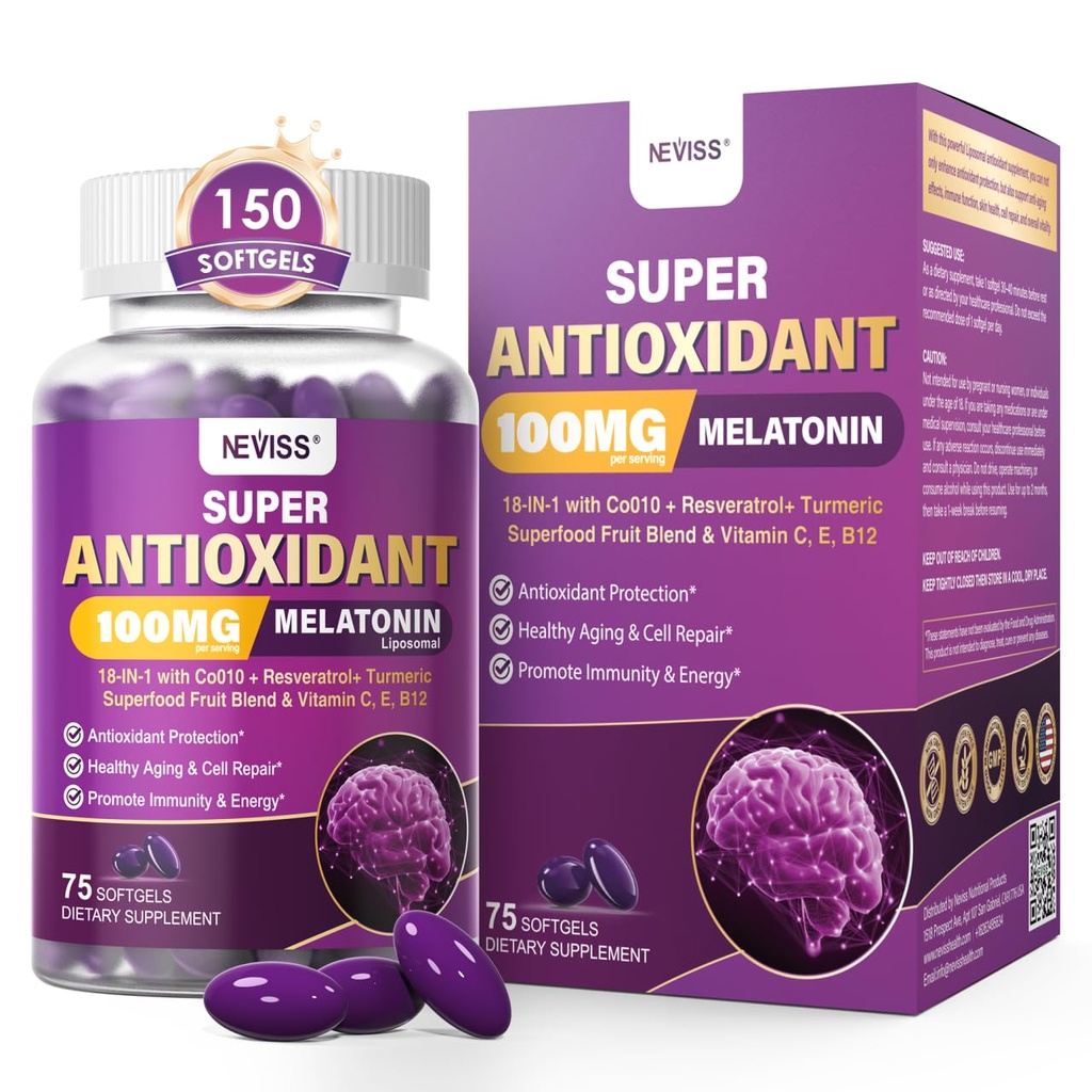 Melatonin 100mg für Antioxidant & Cognitive Health, Ultra High Dose Melatonin mit CoQ10, Kurkuma, Trans-Resveratrol, Vitamin B12 C E für Gehirn Anti-Aging, Zelluläre Reparatur und Energie, 150 Softgels