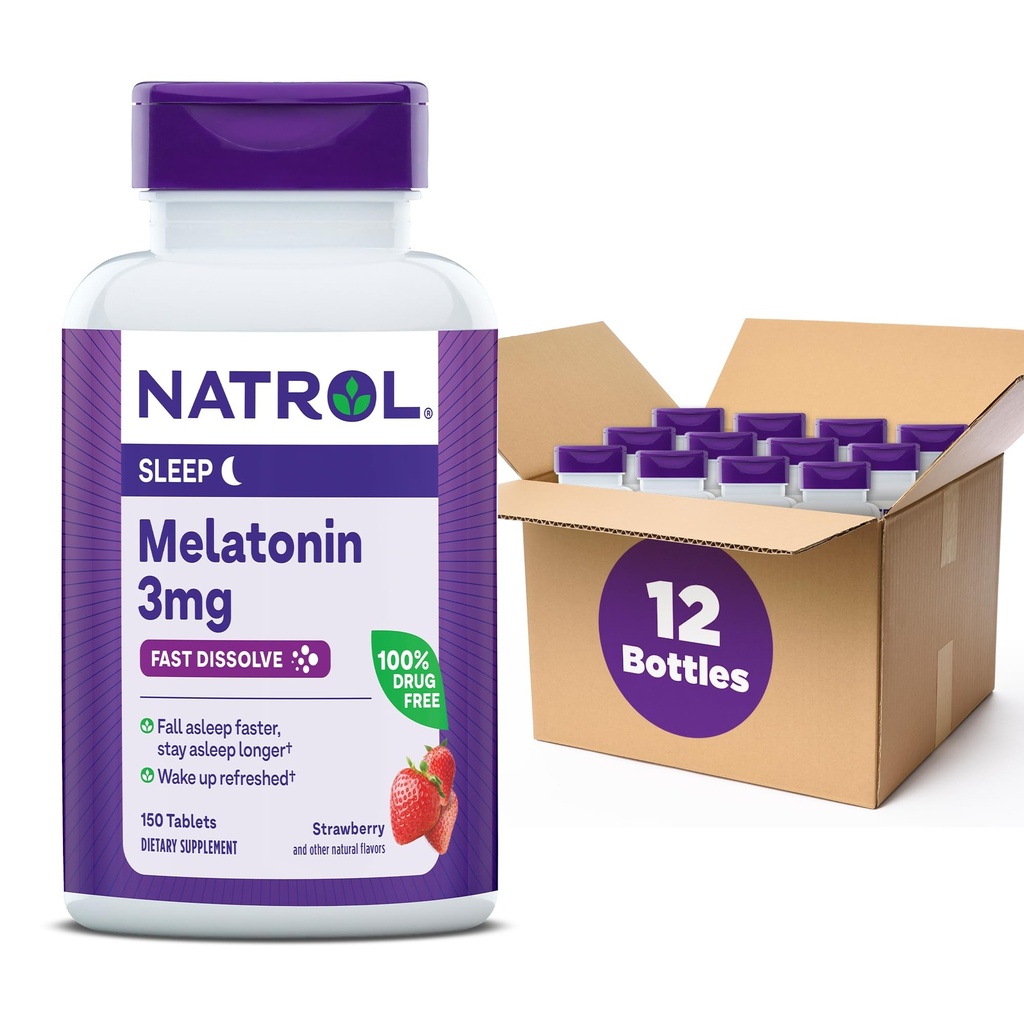Natrol Melatonin 3mg, Strawberry-Flavored integratore alimentare per il sonno riposante, 150 compresse Fast-Dissolve, 150 Day Supply