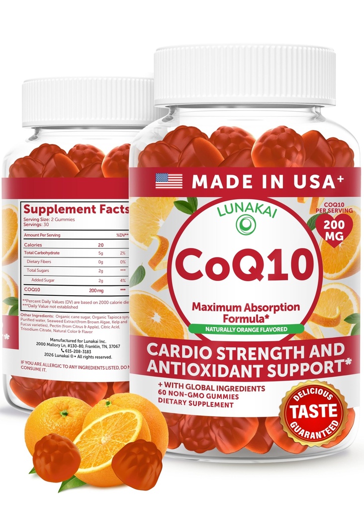 Lunakai USA Made CoQ10 Gummi für Erwachsene – 200mg High Potency Coenzyme Q10 Ergänzung für Alltagsherz, Energie & Antioxidans Unterstützung für Frauen & Männer, Non-GMO, 60ct