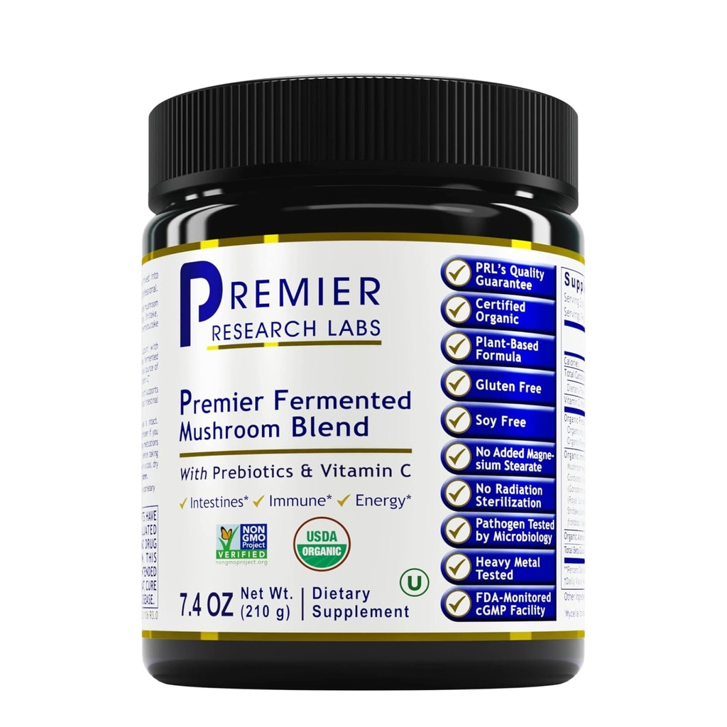 Premier Research Labs Premier Fermented Mushroom Blend - Polvere di funghi Reishi, Estratto di funghi per bevande, caffè, Complesso di funghi con Tail Turchia, Cordyceps per Immune & Gut Health - 7.4 oz