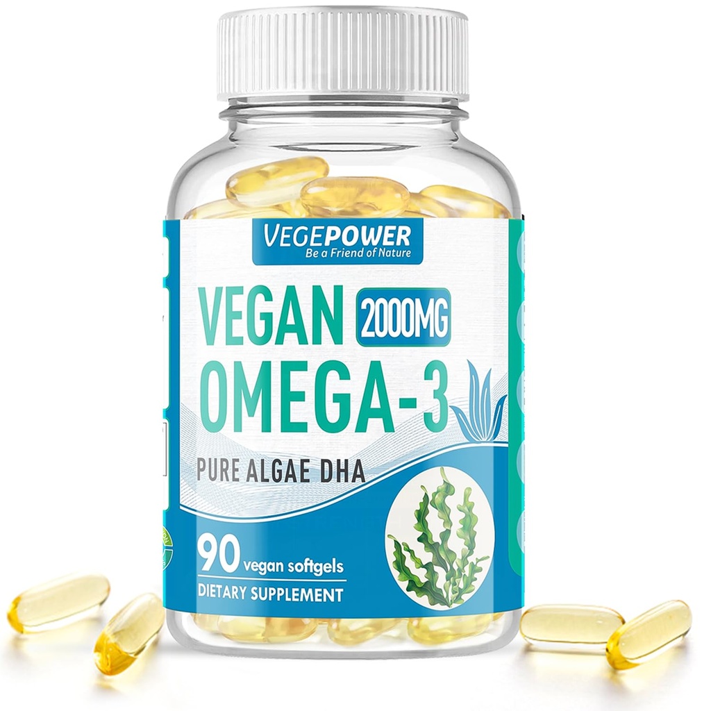 Vegan Omega-3 Algae DHA suppléments - 2000mg Algae Oil, végétale prénatal Algal DHA, 90 softgels sans carrageenan - Huile de poisson durable Supports alternatifs Cerveau, coeur, yeux, santé articulaire