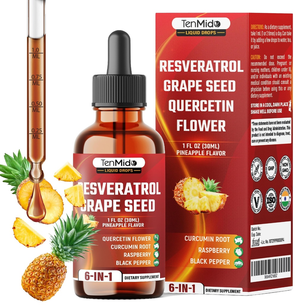 Resveratrol Supplement Liquid Drops - 6in1 with Grape Seed, Quercetin, Curcumin, Raspberry, and Black Pepper - Vegan, Non-GMO - 30ml 1 Fl Oz