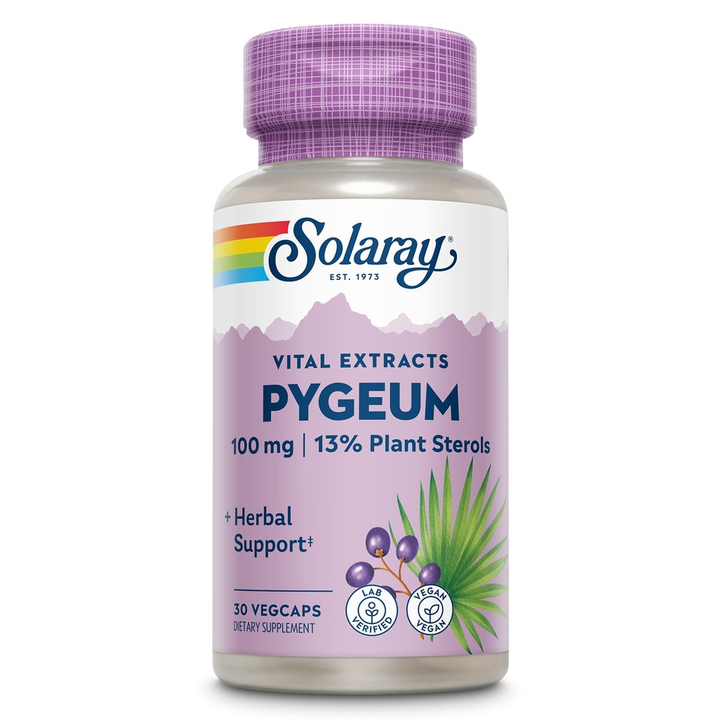 SOLARAY Pygeum Bark Extract, One Daily 100mg | Healthy Prostate Support | Guaranteed to Contain 13 mg Total Plant Sterols | 30 VegCaps
