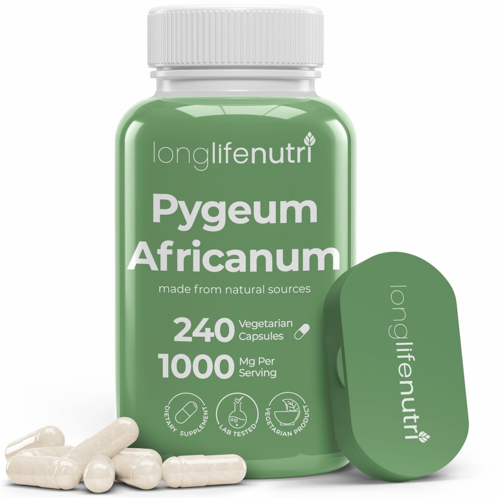 LongLifeNutri Pygeum Africanum Bark Extract, 240 Vegetarian Capsules for Prostate Health Support & Daily Wellness, 1000mg per Serving, Made in USA