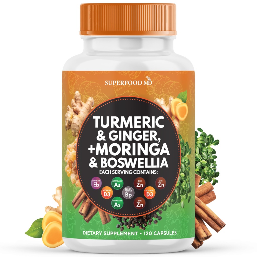 Turmeric Moringa Supplement | Ginger, Boswellia, Saffron, Holy Basil- Joint Support Supplement für Frauen und Männer mit Ceylon Cinnamon, Quercetin, Tart Cherry- 120 Count
