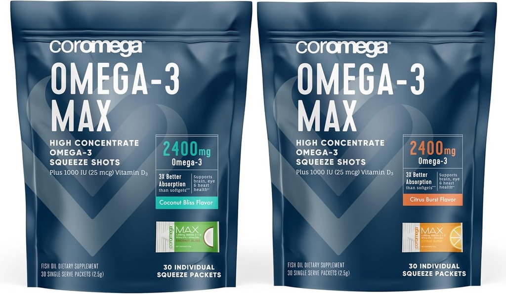 Coromega Omega-3 Fish Oil Bundle – 2400mg Omega-3s + Vitamina D, 3X Migliore assorbimento, No Fishy Aftertaste, Coconut Bliss & Citrus Burst Flavors, 60 Squeeze Packets