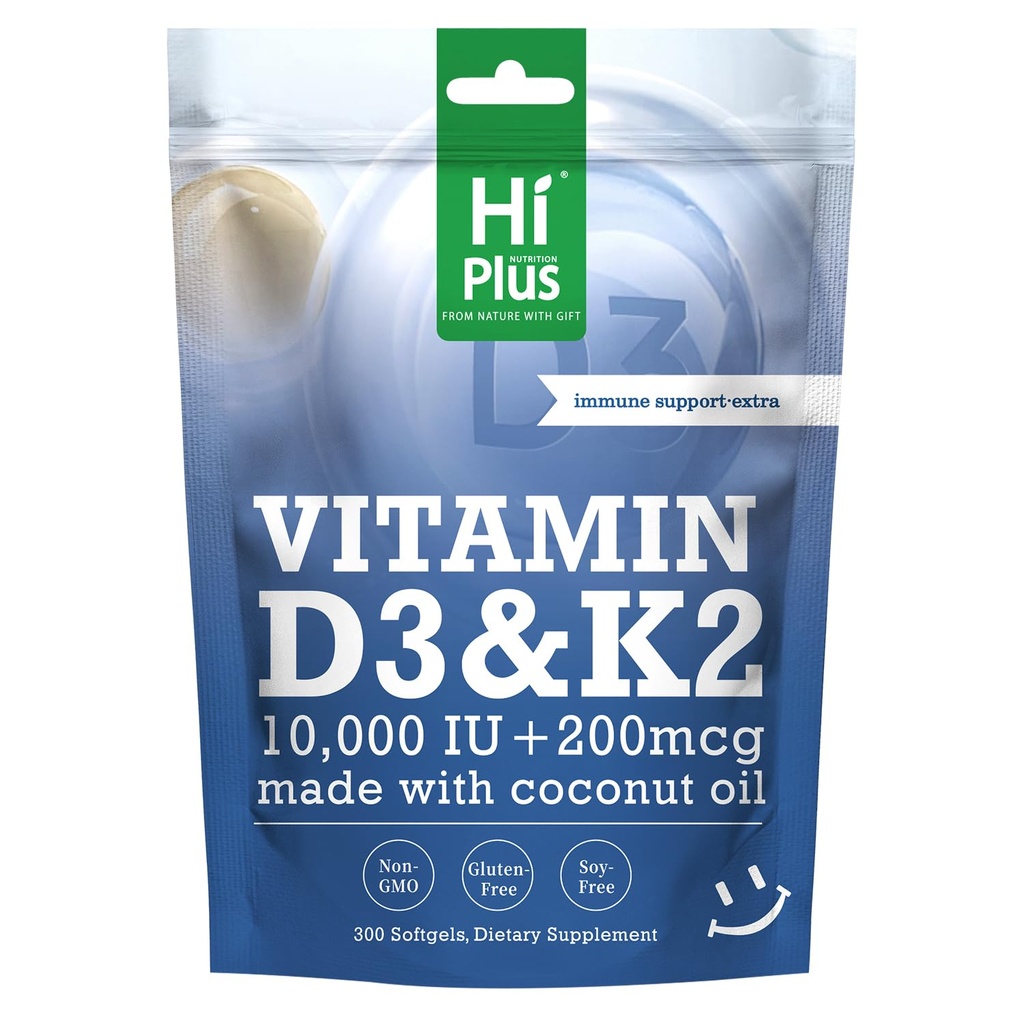 Vitamin D3 10,000 IU + K2 200 mcg, 300 Softgels | Coconut Oil | 2-in-1 Bone, Immune & Heart Support | Easy to Swallow, Non-GMO